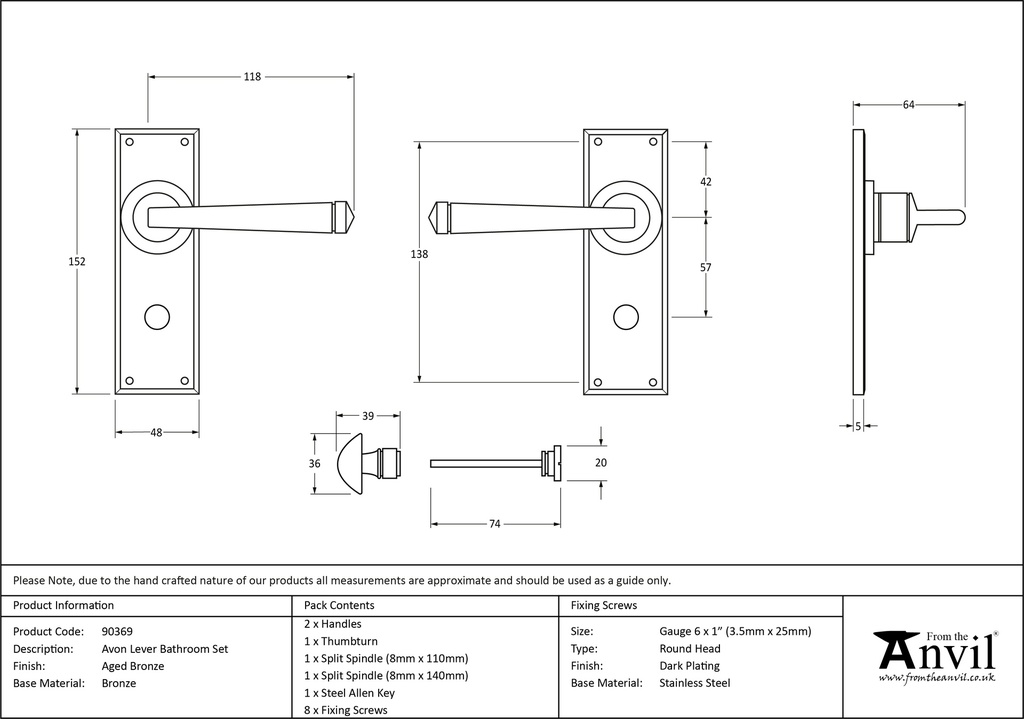 Aged Bronze Avon Lever Bathroom Set - 90369 - Technical Drawing