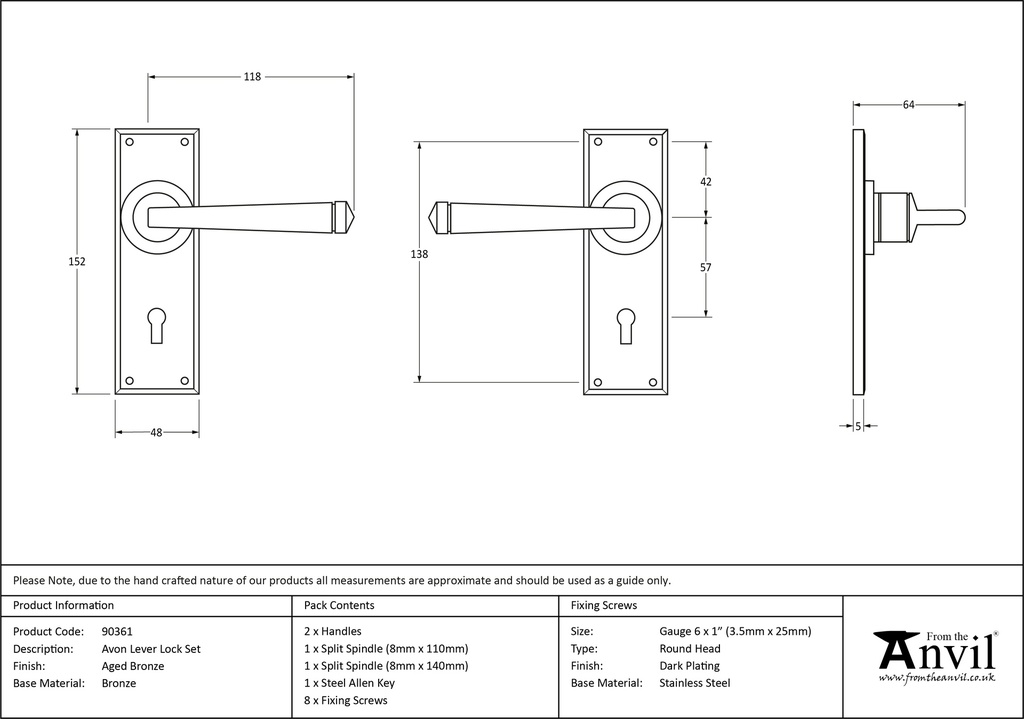 Aged Bronze Avon Lever Lock Set - 90361 - Technical Drawing