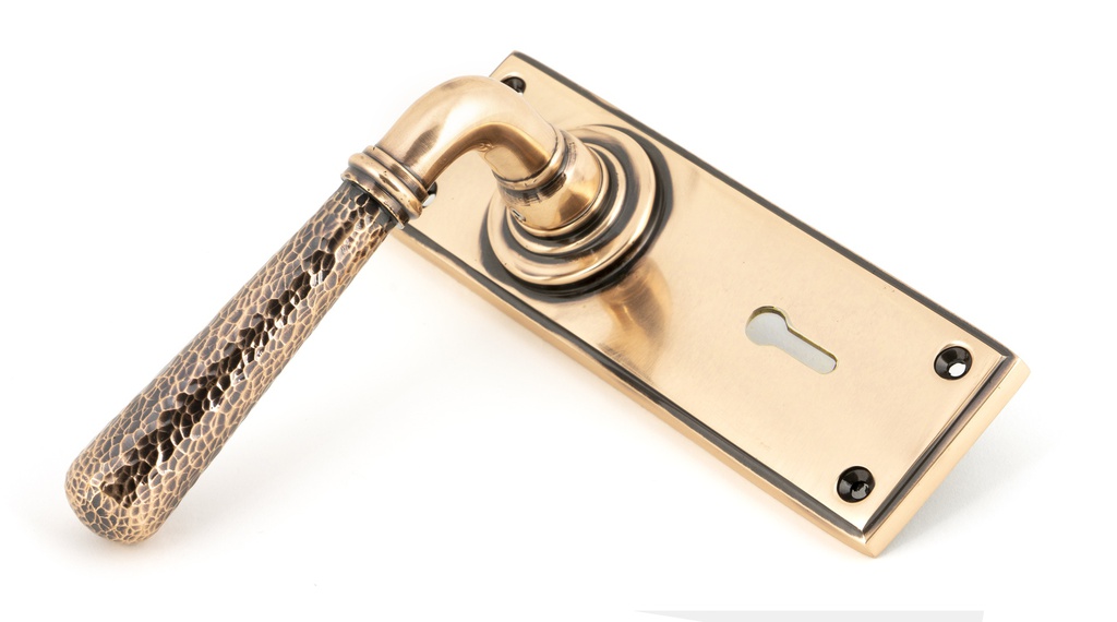 Polished Bronze Hammered Newbury Lever Lock Set in-situ