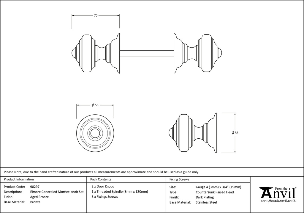 Aged Bronze Elmore Concealed Mortice Knob Set - 90297 - Technical Drawing