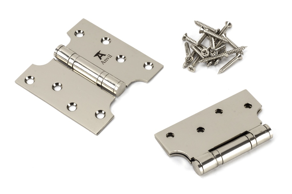 Polished Nickel 4&quot; x 2&quot; x 4&quot;  Parliament Hinge (pair) ss in-situ
