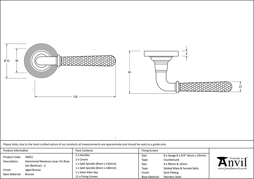 Aged Bronze Hammered Newbury Lever on Rose Set (Beehive) - Unsprung - 50051 - Technical Drawing