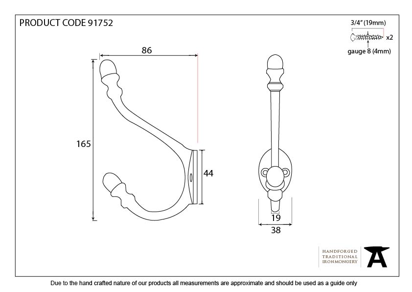 Aged Bronze Hat &amp; Coat Hook - 91752 - Technical Drawing