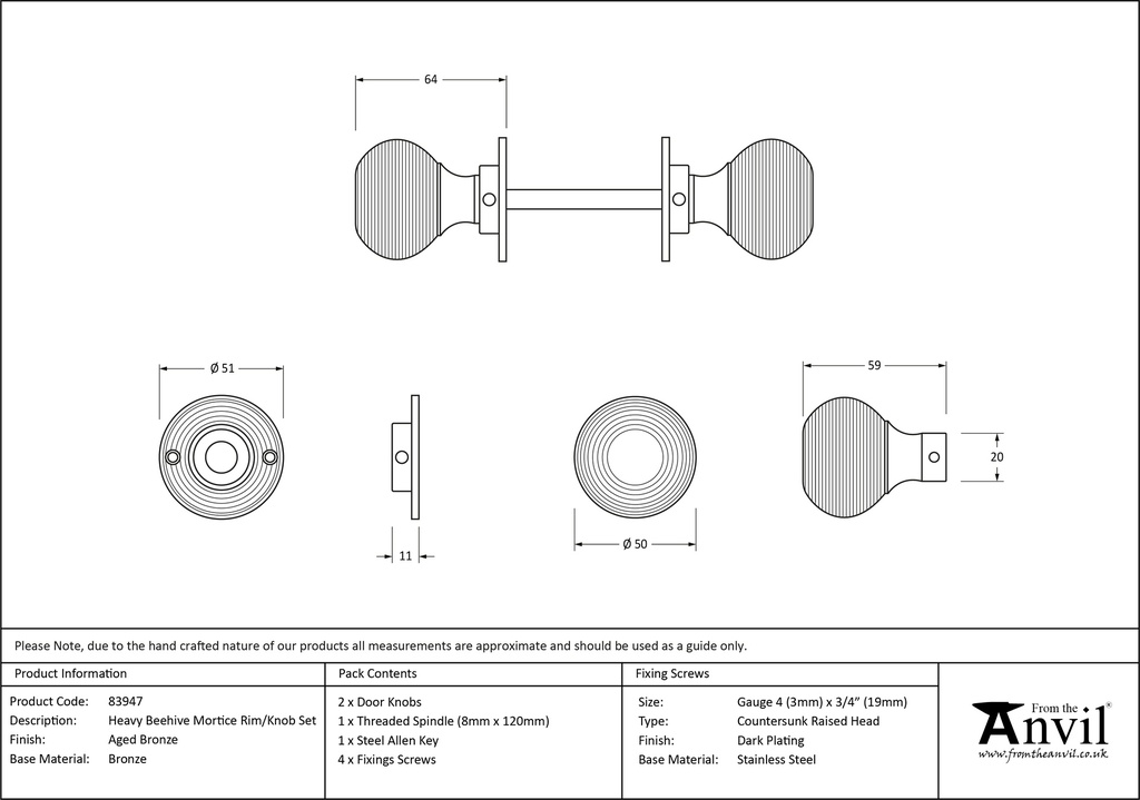 Aged Bronze Heavy Beehive Mortice/Rim Knob Set - 83947 - Technical Drawing