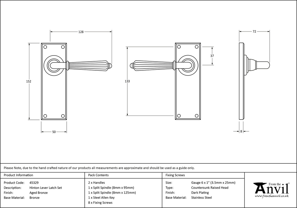 Aged Bronze Hinton Lever Latch Set - 45329 - Technical Drawing