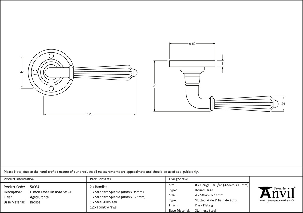 Aged Bronze Hinton Lever on Rose Set - Unsprung - 50084 - Technical Drawing