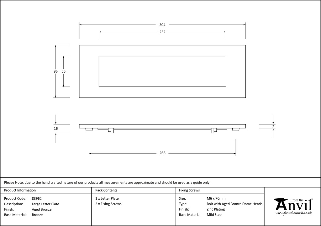 Aged Bronze Large Letter Plate - 83962 - Technical Drawing