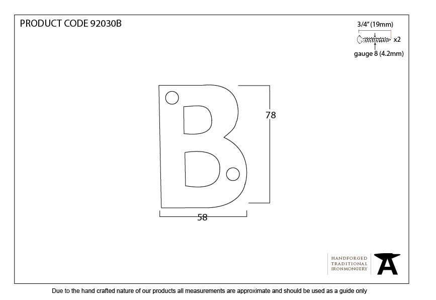 Aged Bronze Letter B - 92030B - Technical Drawing
