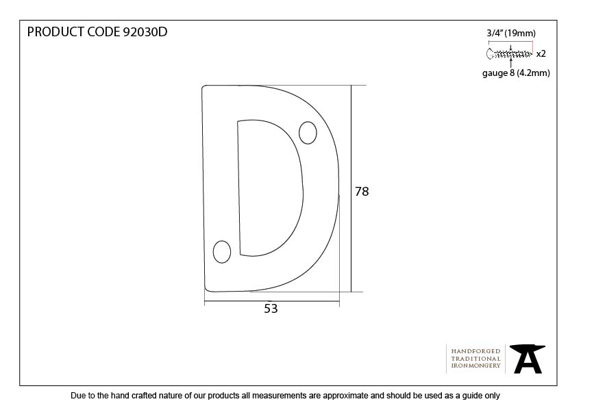 Aged Bronze Letter D - 92030D - Technical Drawing