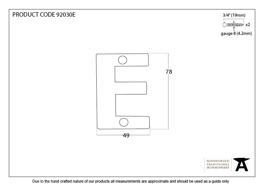 Aged Bronze Letter E - 92030E - Technical Drawing