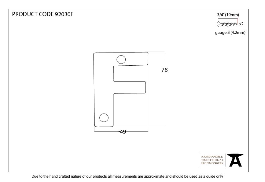 Aged Bronze Letter F - 92030F - Technical Drawing