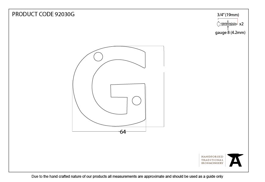 Aged Bronze Letter G - 92030G - Technical Drawing