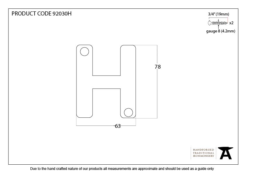 Aged Bronze Letter H - 92030H - Technical Drawing