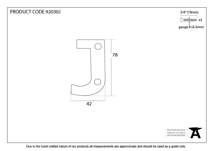 Aged Bronze Letter J - 92030J - Technical Drawing