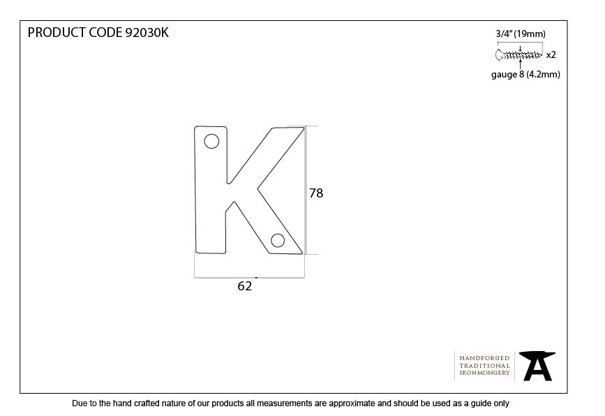 Aged Bronze Letter K - 92030K - Technical Drawing