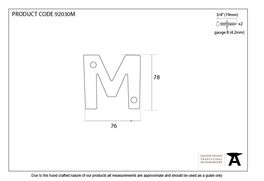 Aged Bronze Letter M - 92030M - Technical Drawing