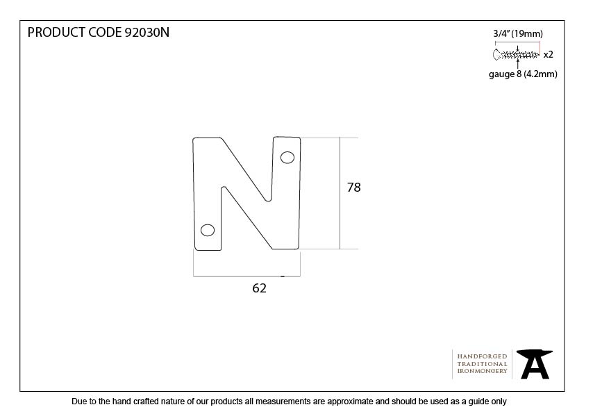 Aged Bronze Letter N - 92030N - Technical Drawing