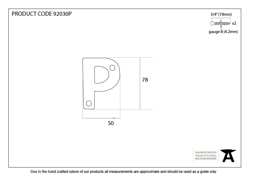 Aged Bronze Letter P - 92030P - Technical Drawing