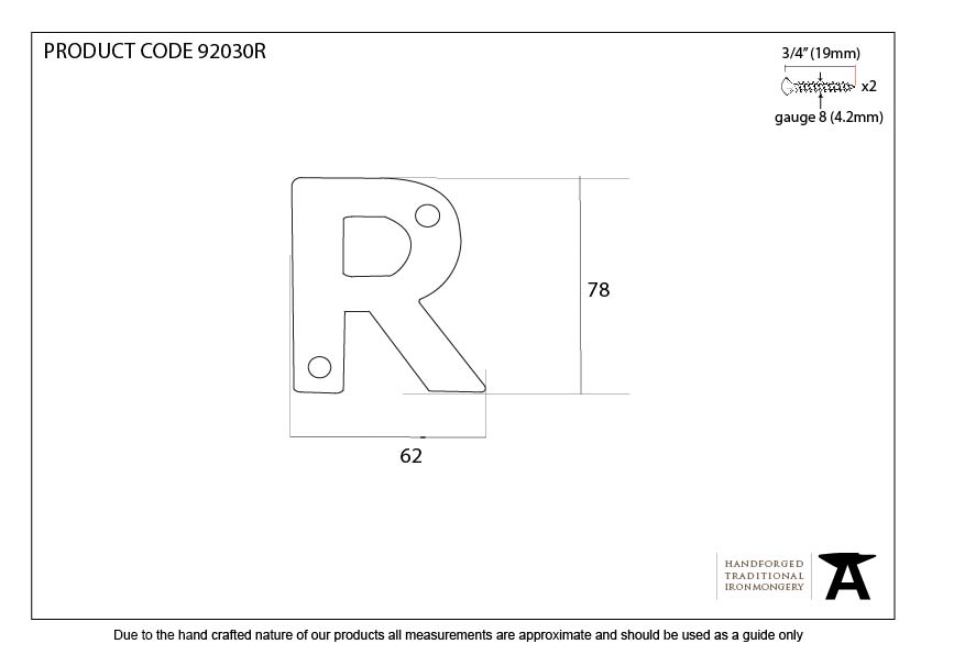 Aged Bronze Letter R - 92030R - Technical Drawing