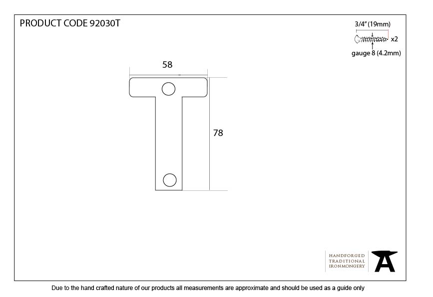 Aged Bronze Letter T - 92030T - Technical Drawing