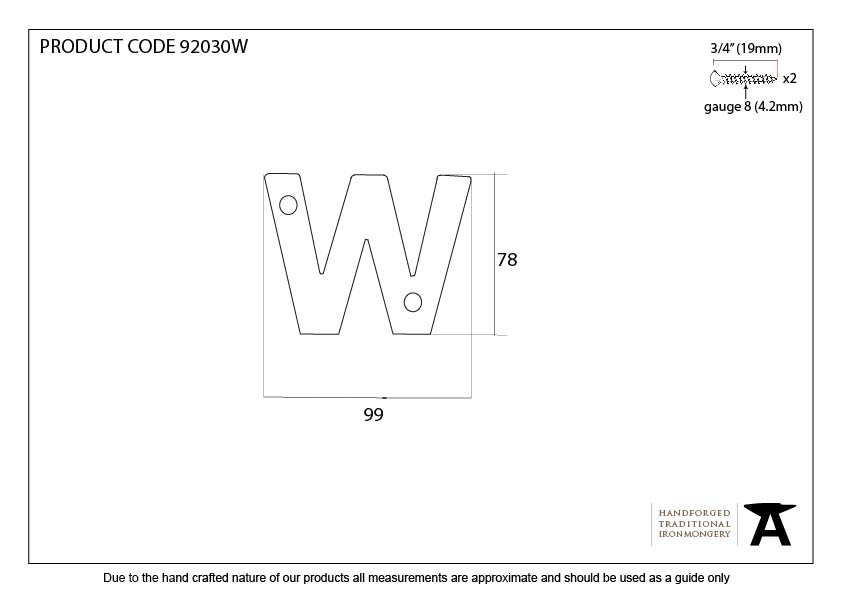 Aged Bronze Letter W - 92030W - Technical Drawing