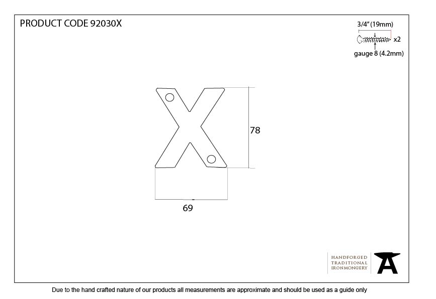 Aged Bronze Letter X - 92030X - Technical Drawing