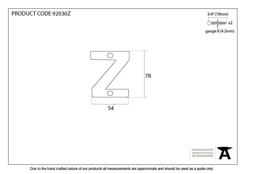 Aged Bronze Letter Z - 92030Z - Technical Drawing