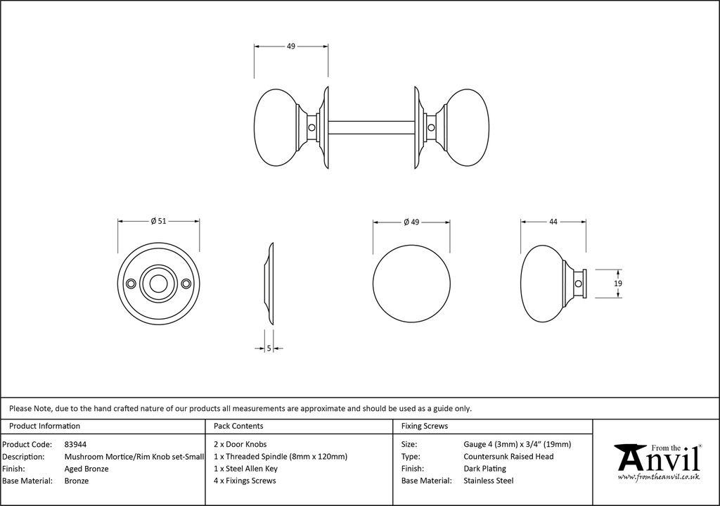 Aged Bronze Mushroom Mortice/Rim Knob Set - 83944 - Technical Drawing