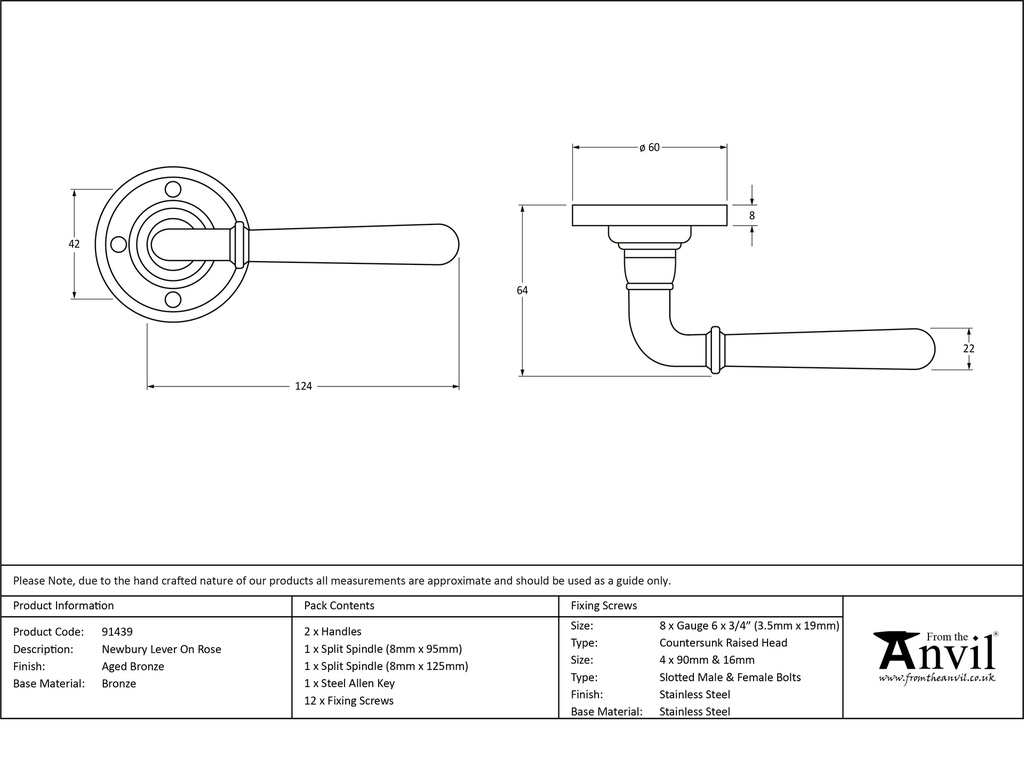 Aged Bronze Newbury Lever on Rose Set - 91439 - Technical Drawing