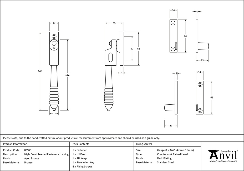 Aged Bronze Night-Vent Locking Reeded Fastener - 83971 - Technical Drawing