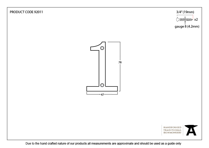 Aged Bronze Numeral 1 - 92011 - Technical Drawing