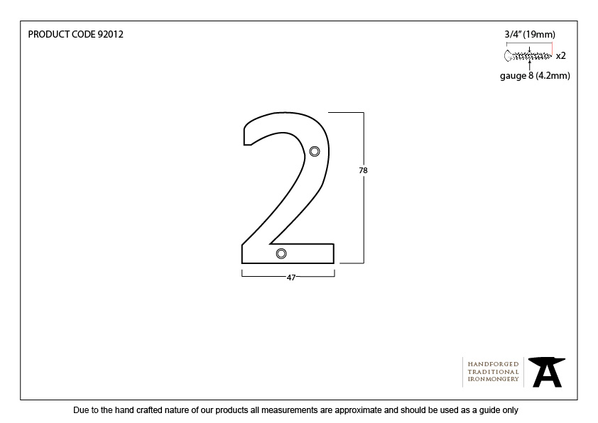 Aged Bronze Numeral 2 - 92012 - Technical Drawing
