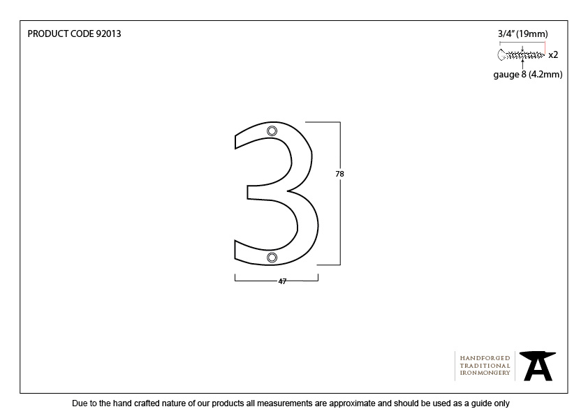 Aged Bronze Numeral 3 - 92013 - Technical Drawing