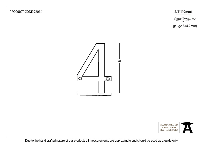 Aged Bronze Numeral 4 - 92014 - Technical Drawing