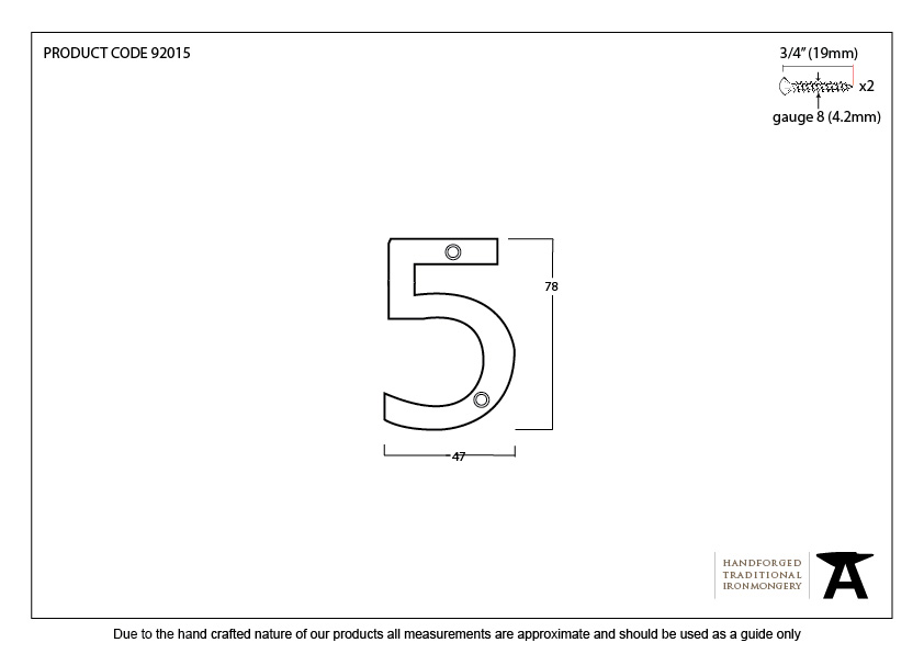 Aged Bronze Numeral 5 - 92015 - Technical Drawing