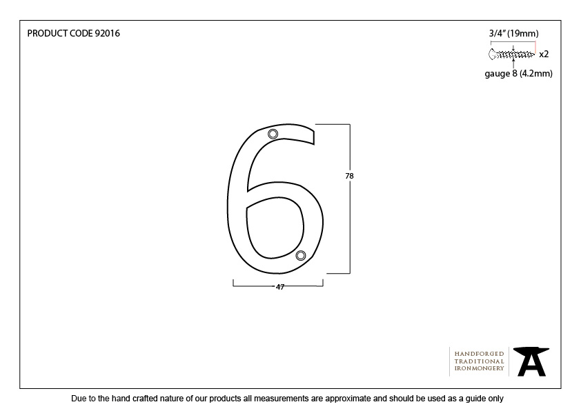 Aged Bronze Numeral 6 - 92016 - Technical Drawing