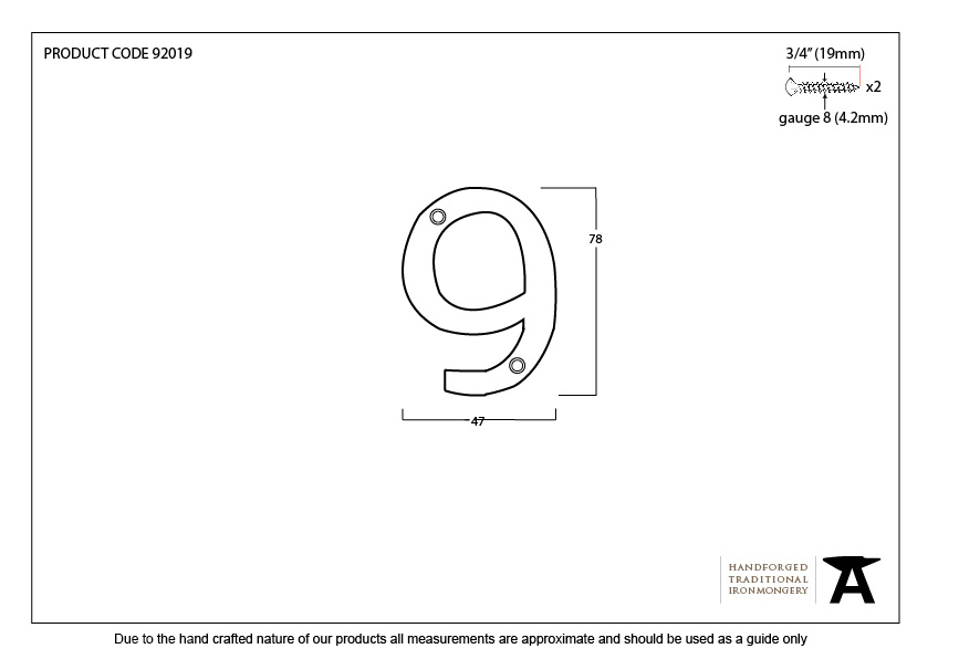 Aged Bronze Numeral 9 - 92019 - Technical Drawing