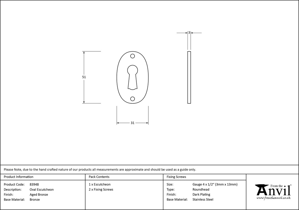 Aged Bronze Oval Escutcheon - 83948 - Technical Drawing