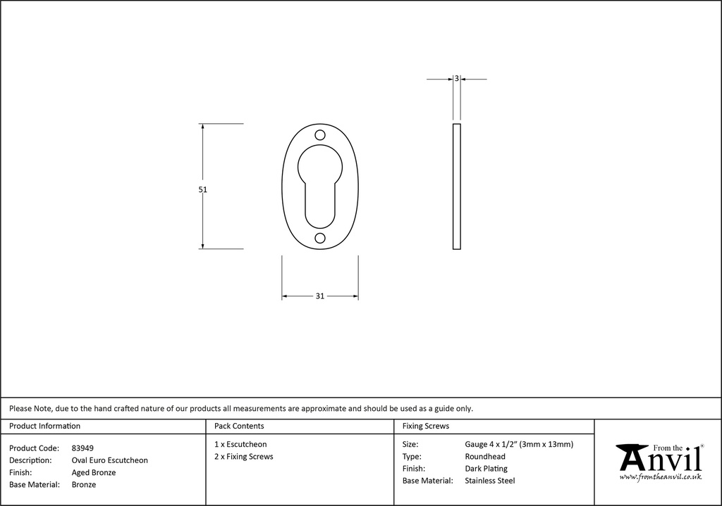 Aged Bronze Oval Euro Escutcheon - 83949 - Technical Drawing