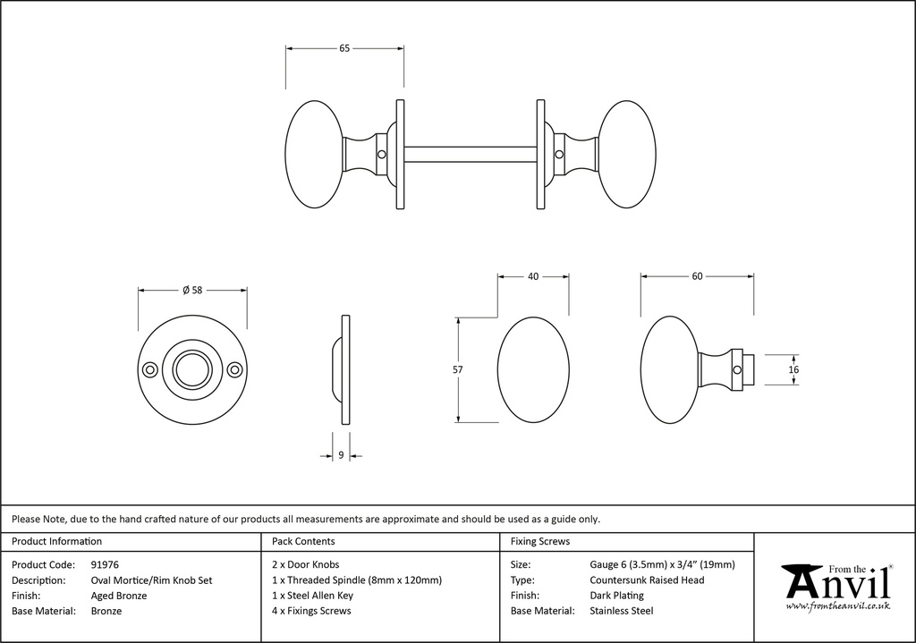 Aged Bronze Oval Mortice/Rim Knob Set - 91976 - Technical Drawing