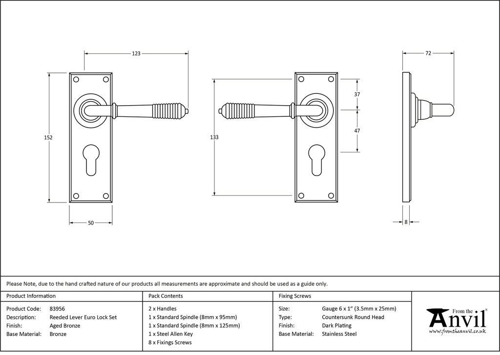 Aged Bronze Reeded Lever Euro Set - 83956 - Technical Drawing