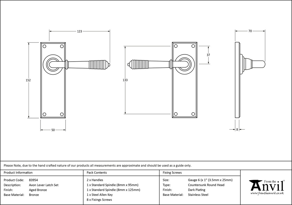 Aged Bronze Reeded Lever Latch Set - 83954 - Technical Drawing