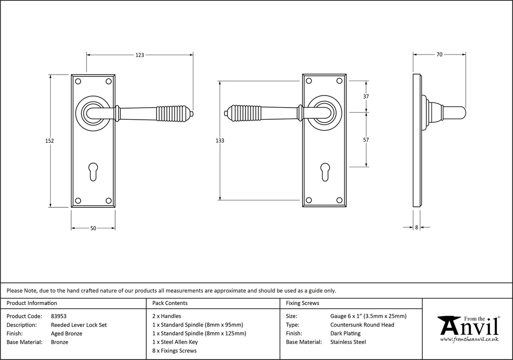 Aged Bronze Reeded Lever Lock Set - 83953 - Technical Drawing