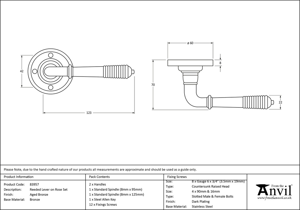 Aged Bronze Reeded Lever on Rose Set - 83957 - Technical Drawing