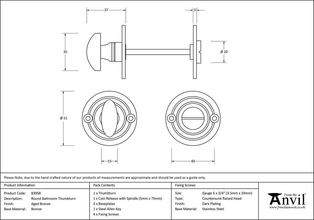 Aged Bronze Round Bathroom Thumbturn - 83958 - Technical Drawing