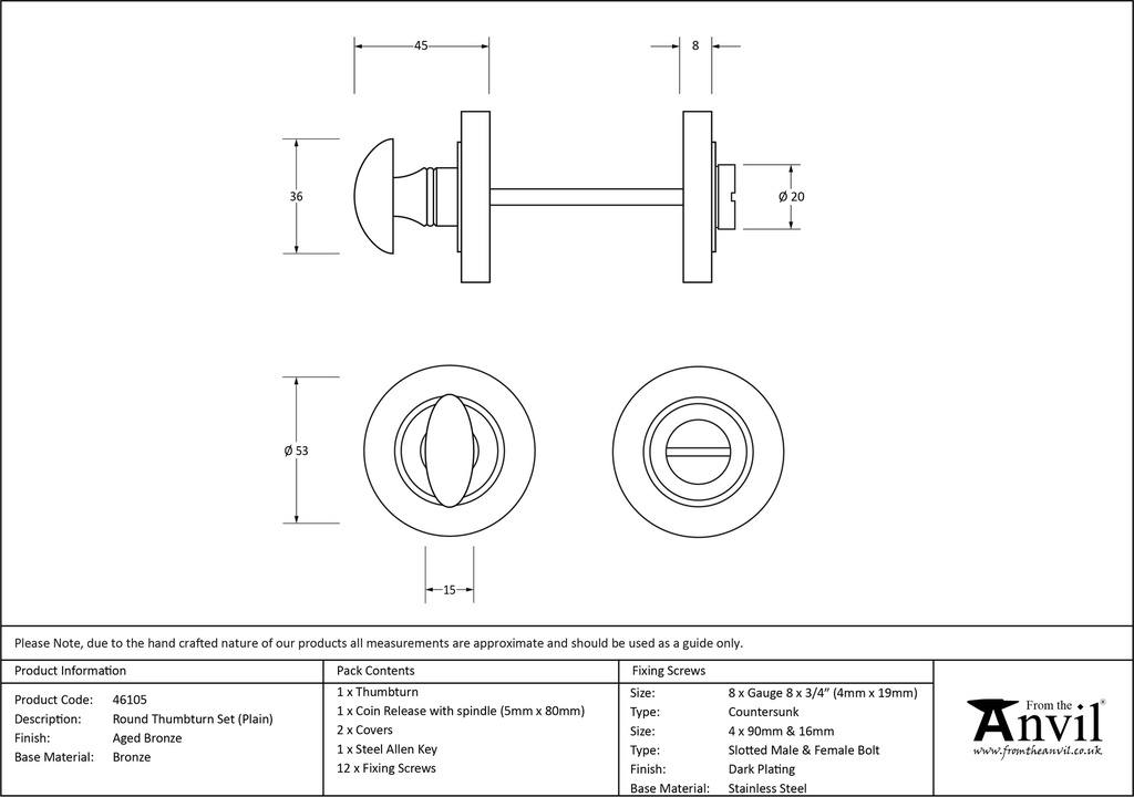 Aged Bronze Round Thumbturn Set (Plain) - 46105 - Technical Drawing