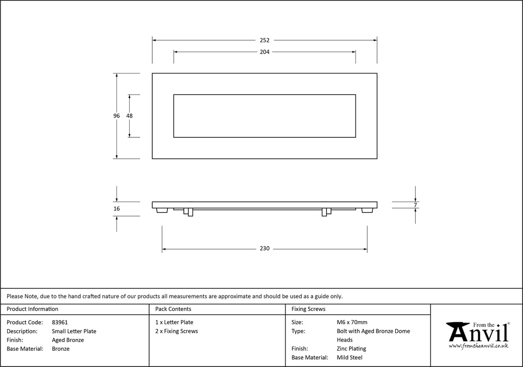 Aged Bronze Small Letter Plate - 83961 - Technical Drawing