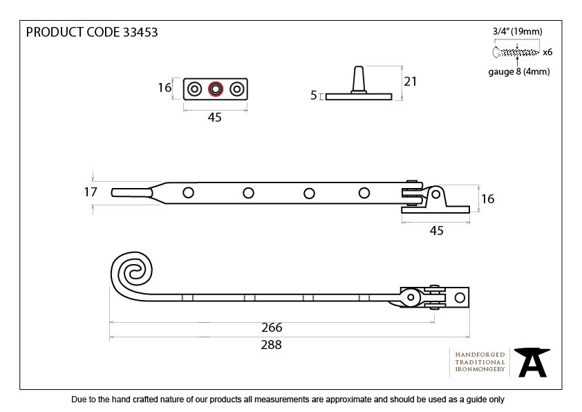 Antique Pewter 10&quot; Monkeytail Stay - 33453 - Technical Drawing