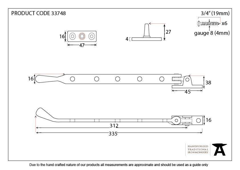 Antique Pewter 12&quot; Peardrop Stay - 33748 - Technical Drawing