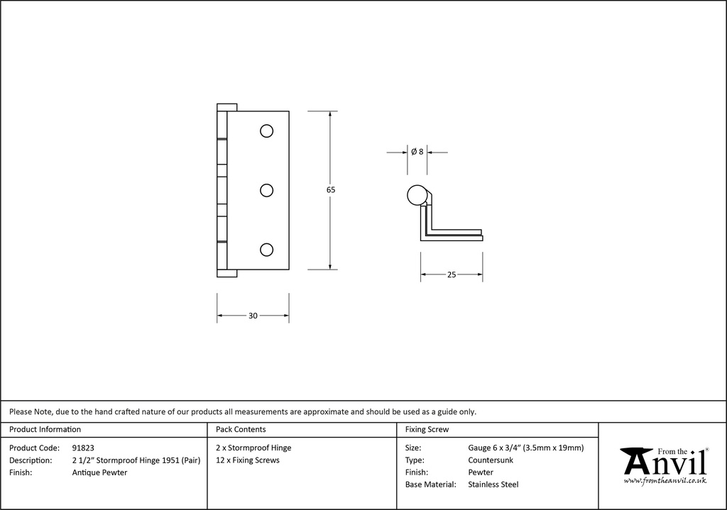 Antique Pewter 2½&quot; Stormproof Hinge 1951 (pair) - 91823 - Technical Drawing